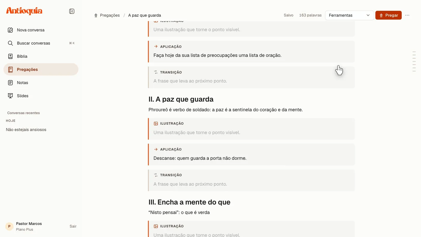 Editor do Antioquia com uma pregação sobre a paz de Deus, organizada em pontos e aplicações