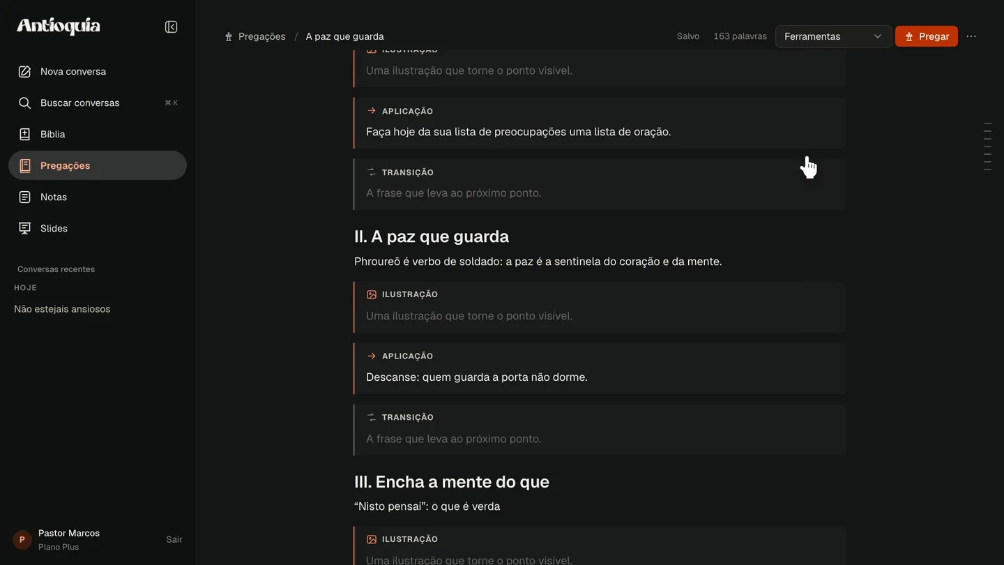 Editor do Antioquia com uma pregação sobre a paz de Deus, organizada em pontos e aplicações