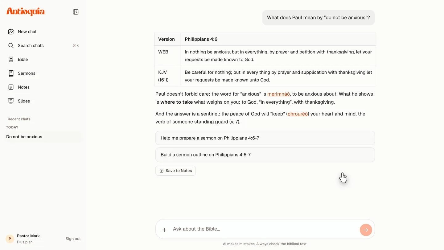 Antioquia AI conversation about Philippians 4, with translation comparison and Greek references