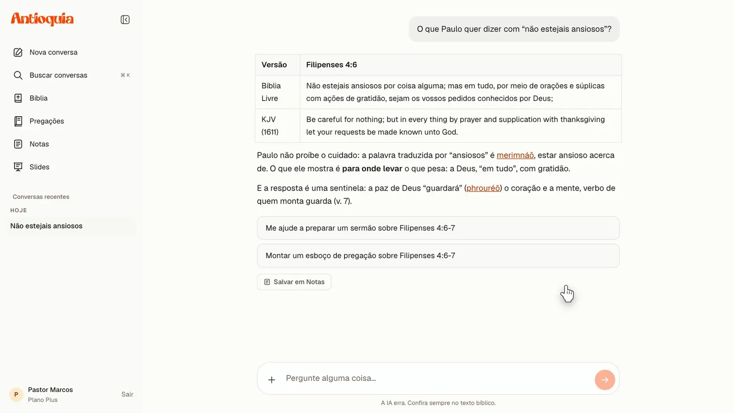 Conversa no Antioquia IA sobre Filipenses 4, com comparação de versões e referências ao grego