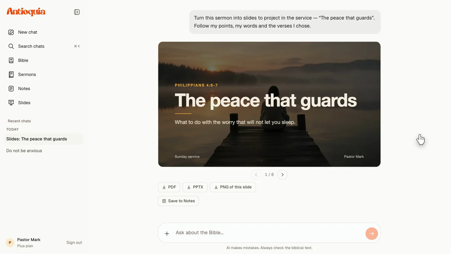 Presentation created from the sermon The peace that guards, with a photo cover and PDF, PowerPoint and PNG exports