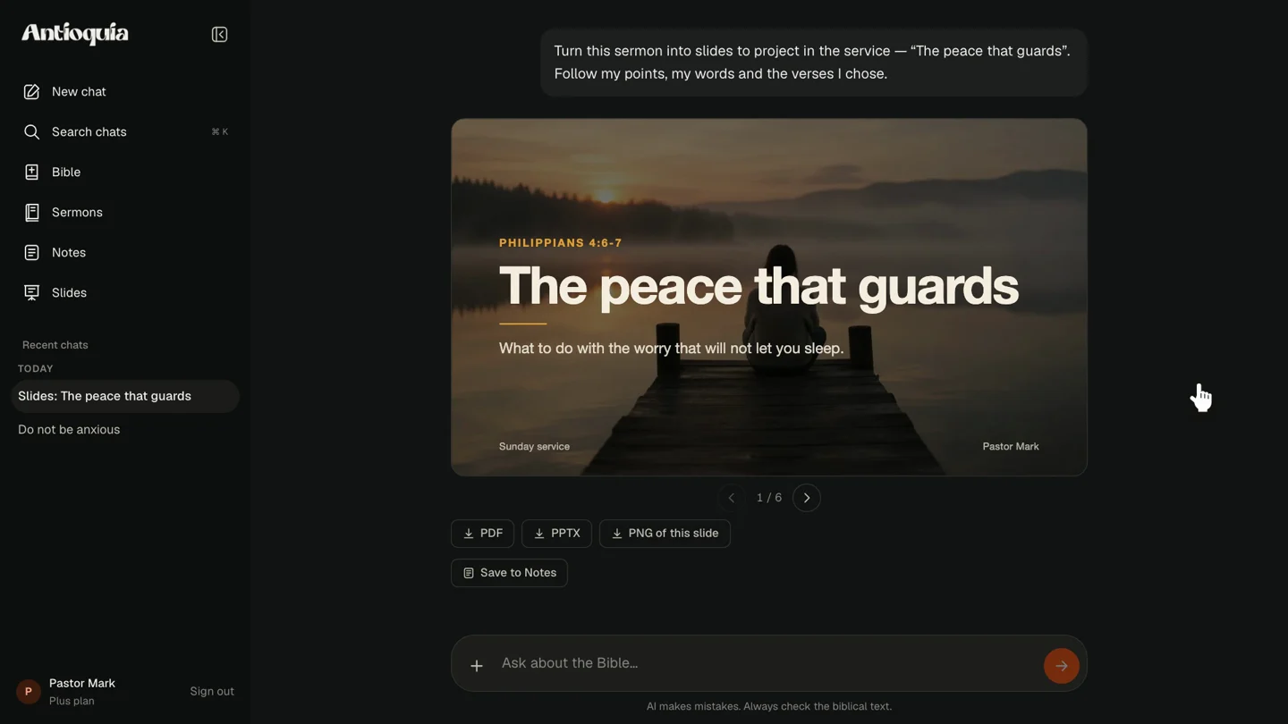 Presentation created from the sermon The peace that guards, with a photo cover and PDF, PowerPoint and PNG exports