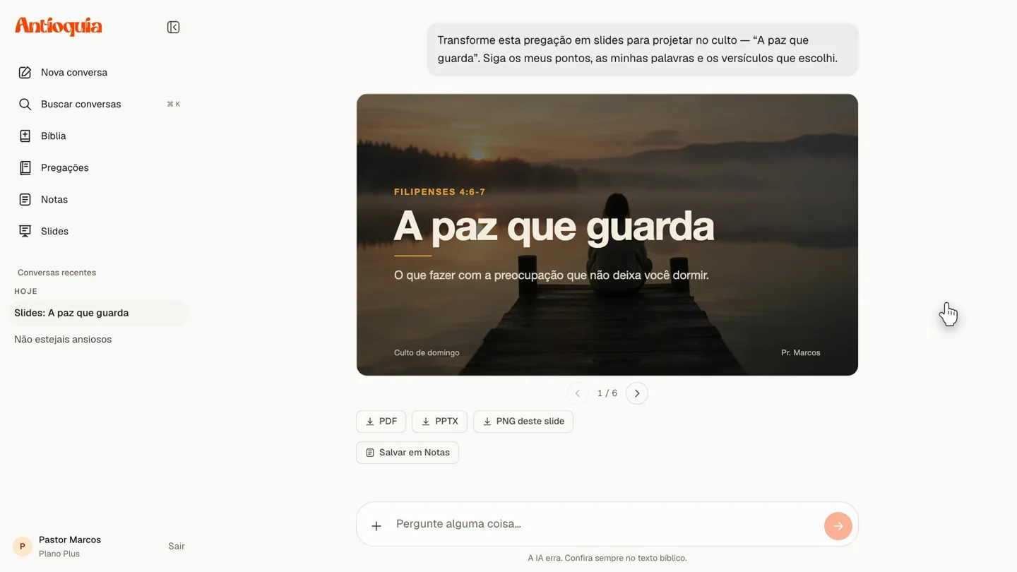 Apresentação criada a partir da pregação A paz que guarda, com capa fotográfica e exportação em PDF, PowerPoint e PNG
