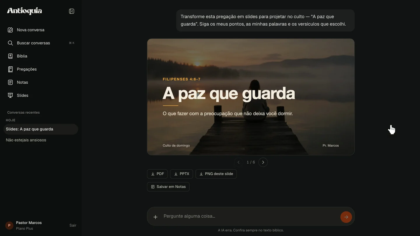 Apresentação criada a partir da pregação A paz que guarda, com capa fotográfica e exportação em PDF, PowerPoint e PNG
